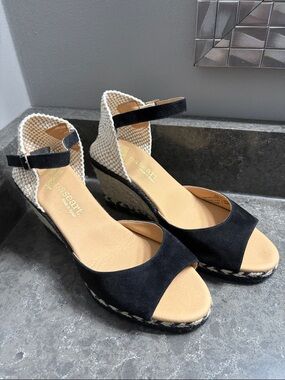 Paseart Black Suede Ankle-Strap Wedge Sandals with Cream Espadrille Heel